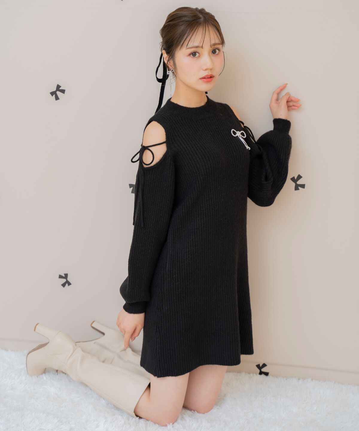 WILLSELECTION「オープンショルダーリブニットワンピース」|ワンピース|