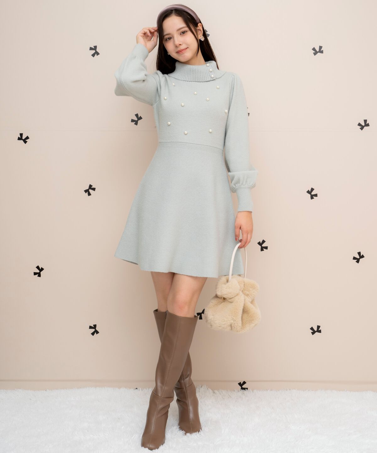 WILLSELECTION「パール付きタートルネックニットワンピース」|ワンピース|