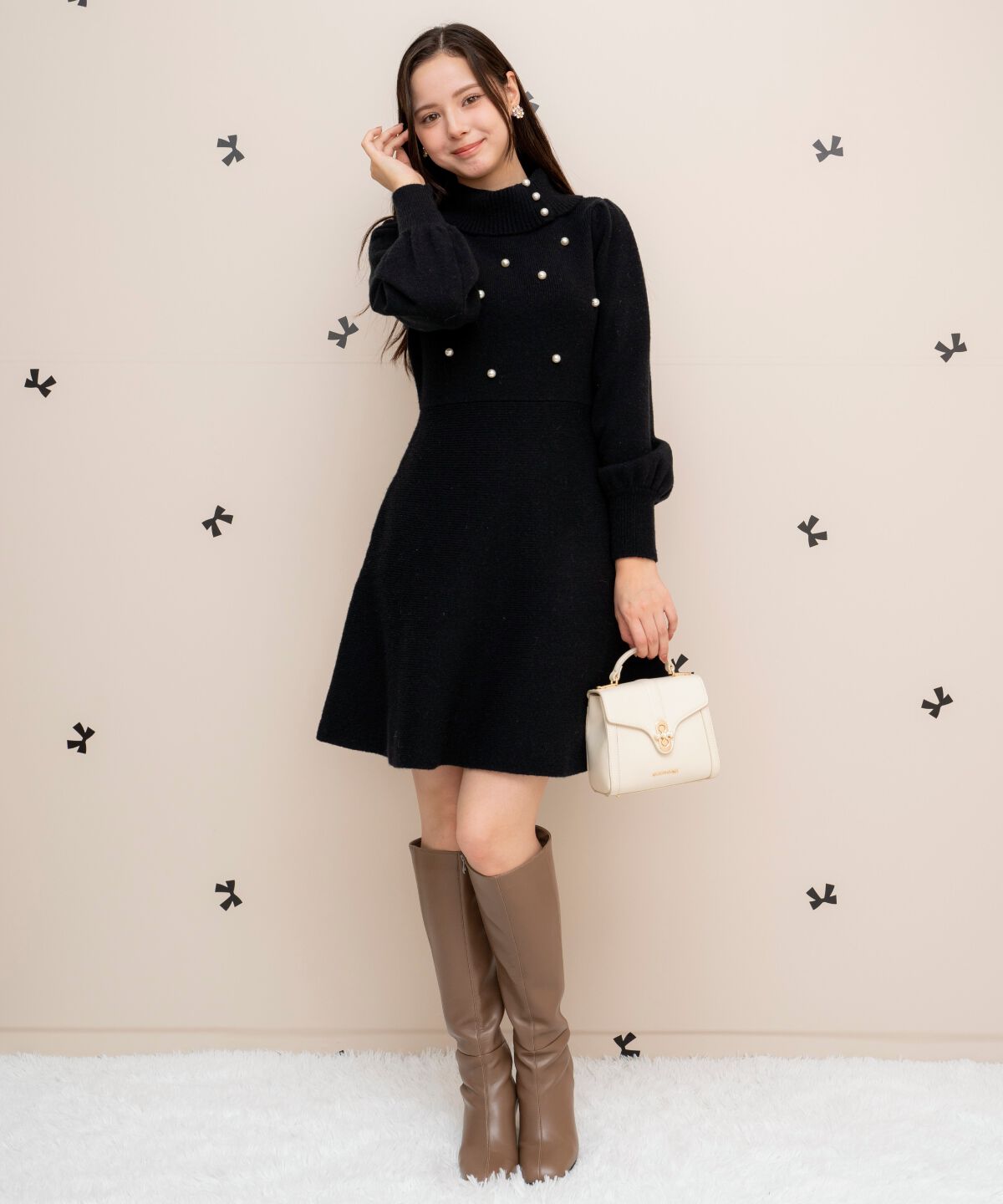 WILLSELECTION「パール付きタートルネックニットワンピース」|ワンピース|