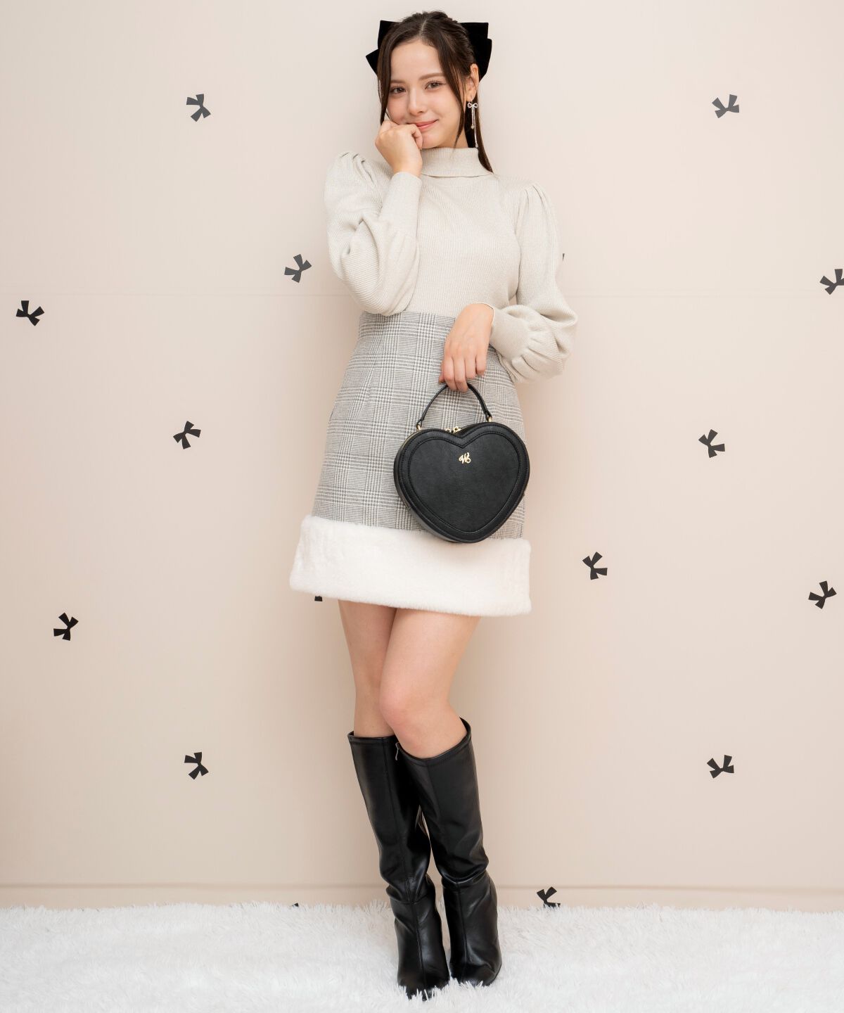 WILLSELECTION「裾ファーハイウエストミニスカート」|台形|ｸﾞﾚｰ系ﾁｪｯｸ