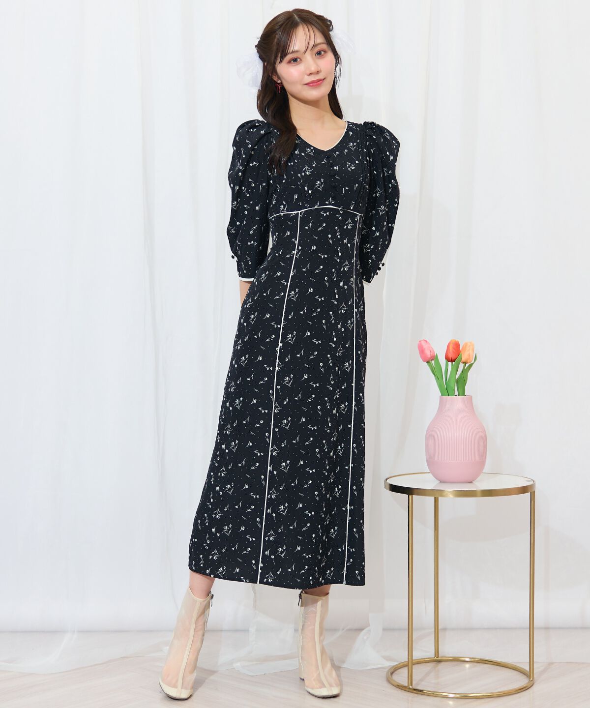 WILLSELECTION「フラワードットパイピングフレアワンピース」|ワンピース|黒系水玉