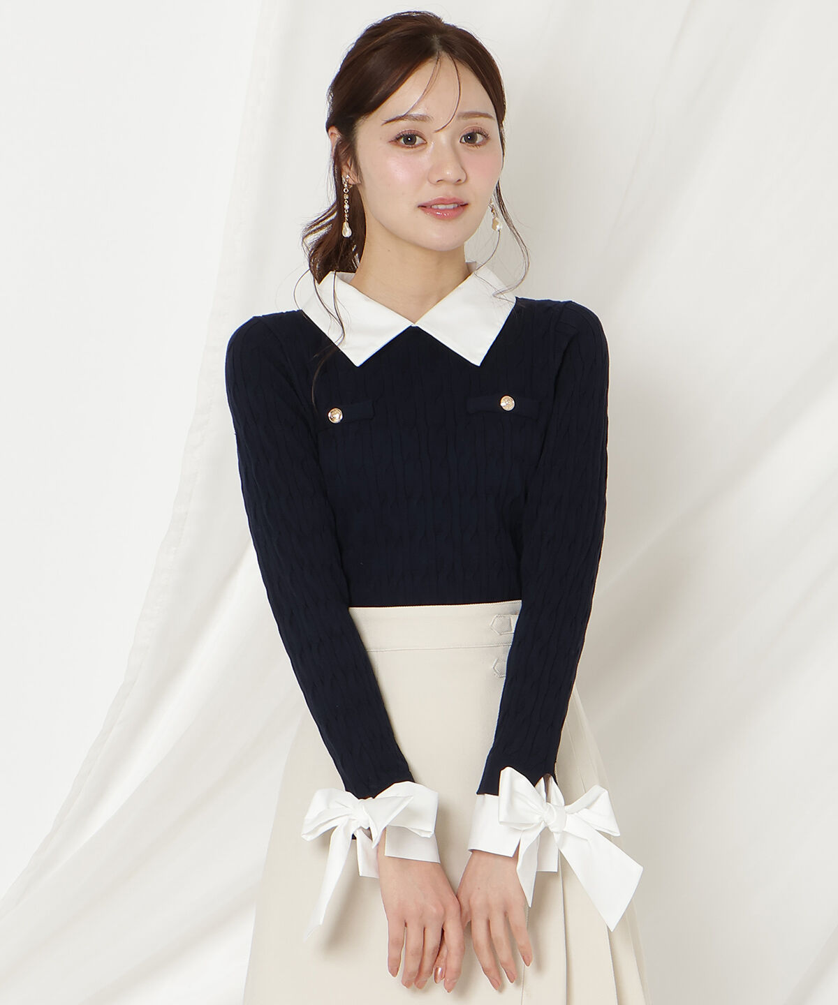 WILLSELECTION「リボンカフスドッキングケーブルニット」|ニット・セーター|ネイビー