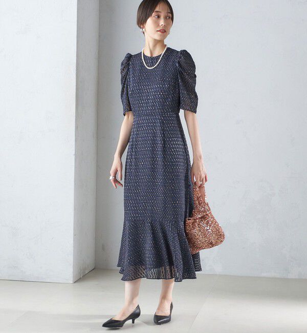 SHIPS for women「troisiemeCHACO:カット ジャカード ワンピース（セレモニー対応可）」|ワンピース|ネイビー