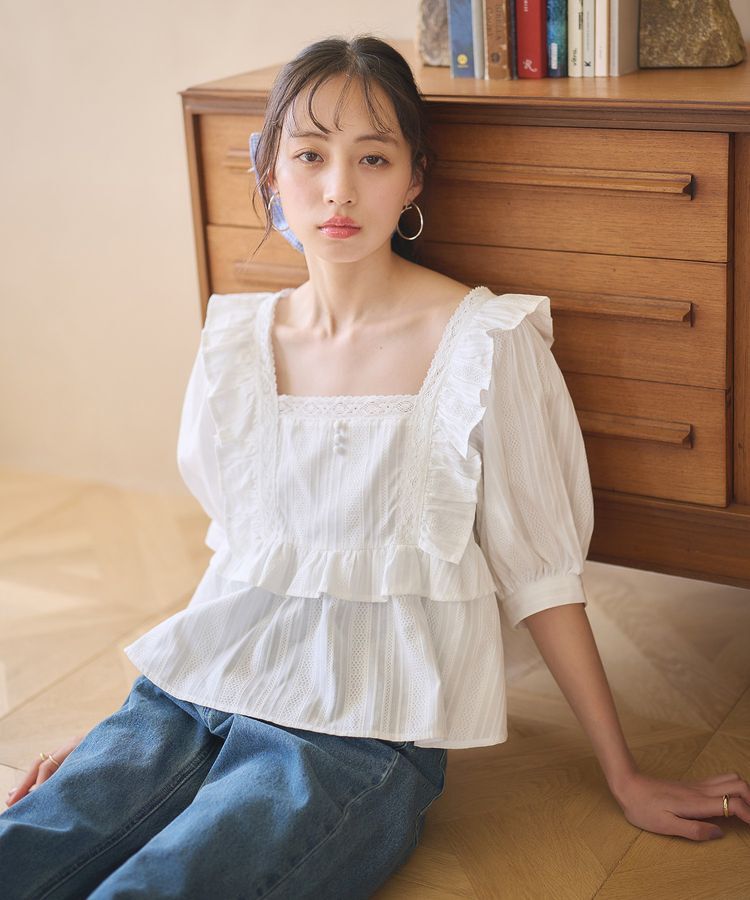 earth music&ecology「パフスリーブコットンフリルブラウス」|シャツ・ブラウス|