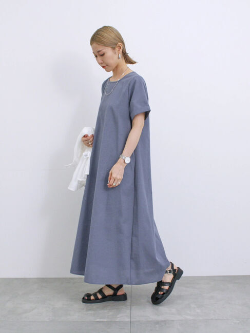 Samansa Mos2 blue「【イージーケア】リネン混マキシフレアワンピース」|ワンピース|