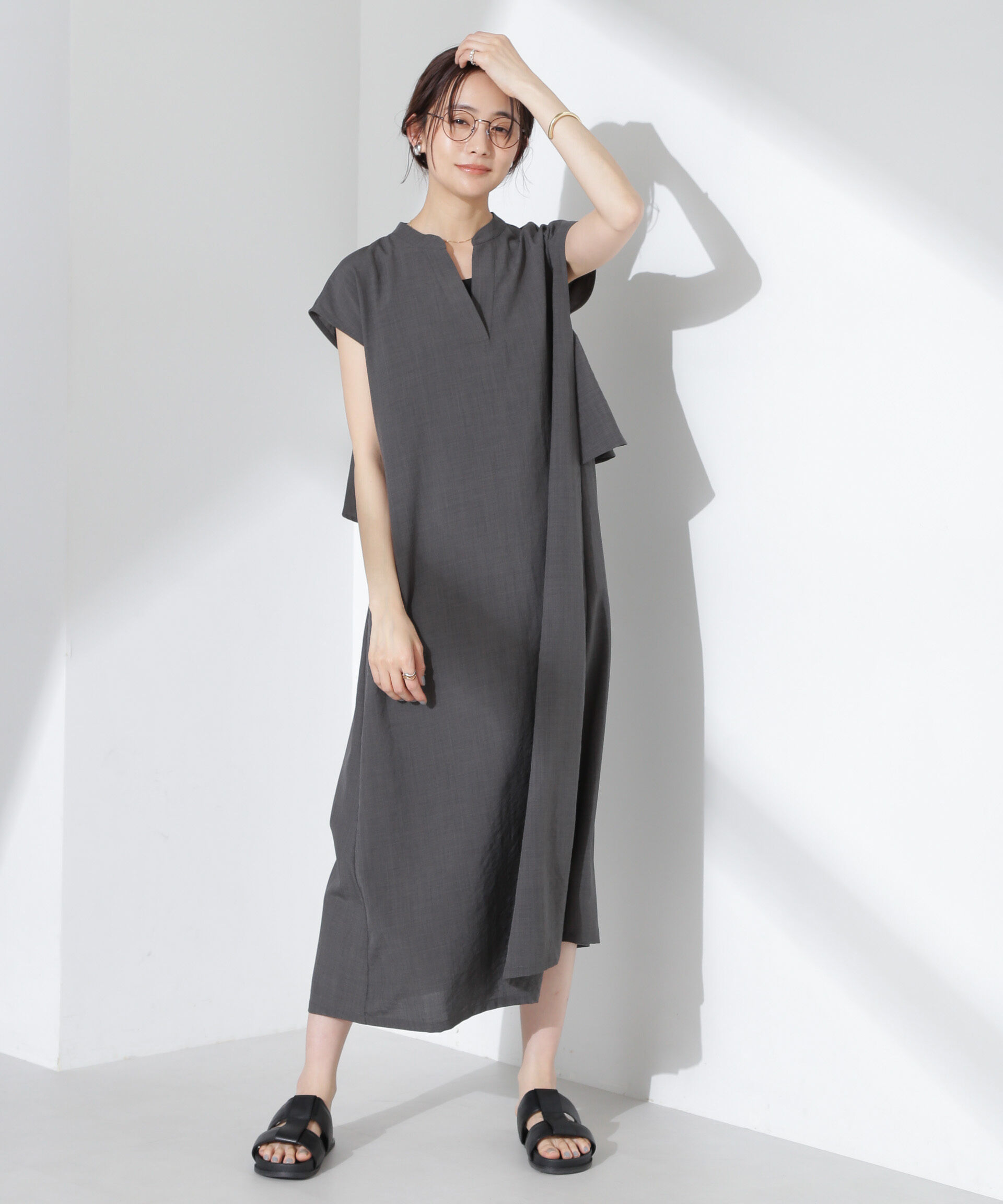 nano･universe「リネンタッチバックフレアスキッパーワンピース」|ワンピース|チャコール3