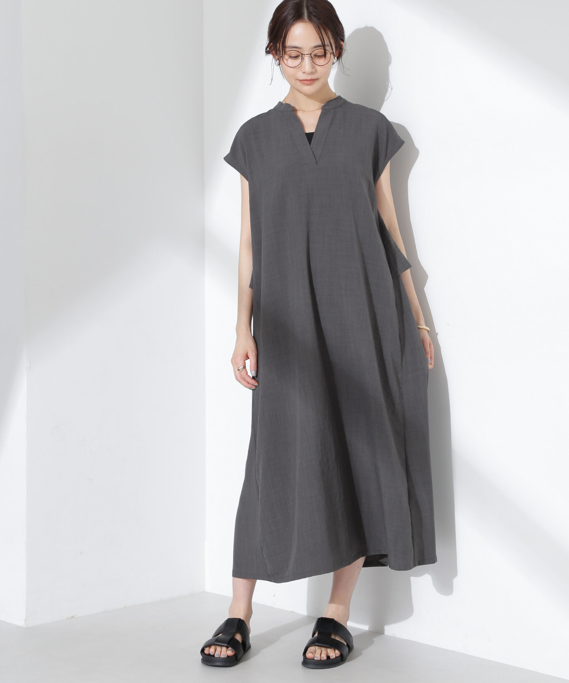 nano･universe「リネンタッチバックフレアスキッパーワンピース」|ワンピース|