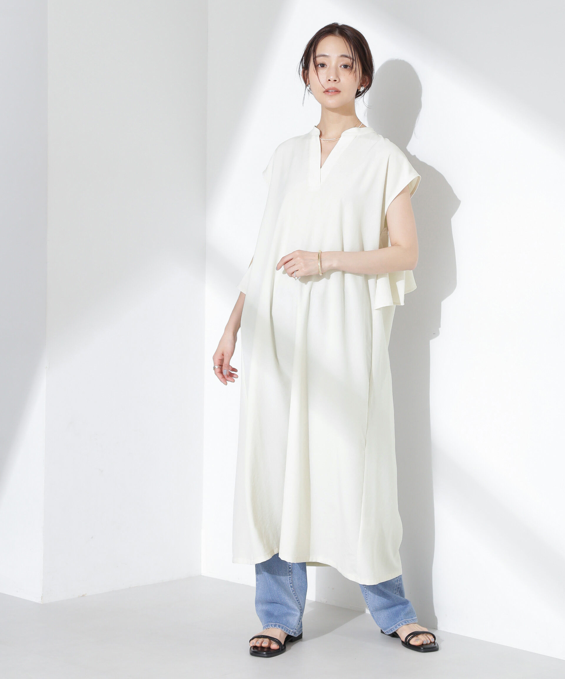 nano･universe「リネンタッチバックフレアスキッパーワンピース」|ワンピース|ホワイト