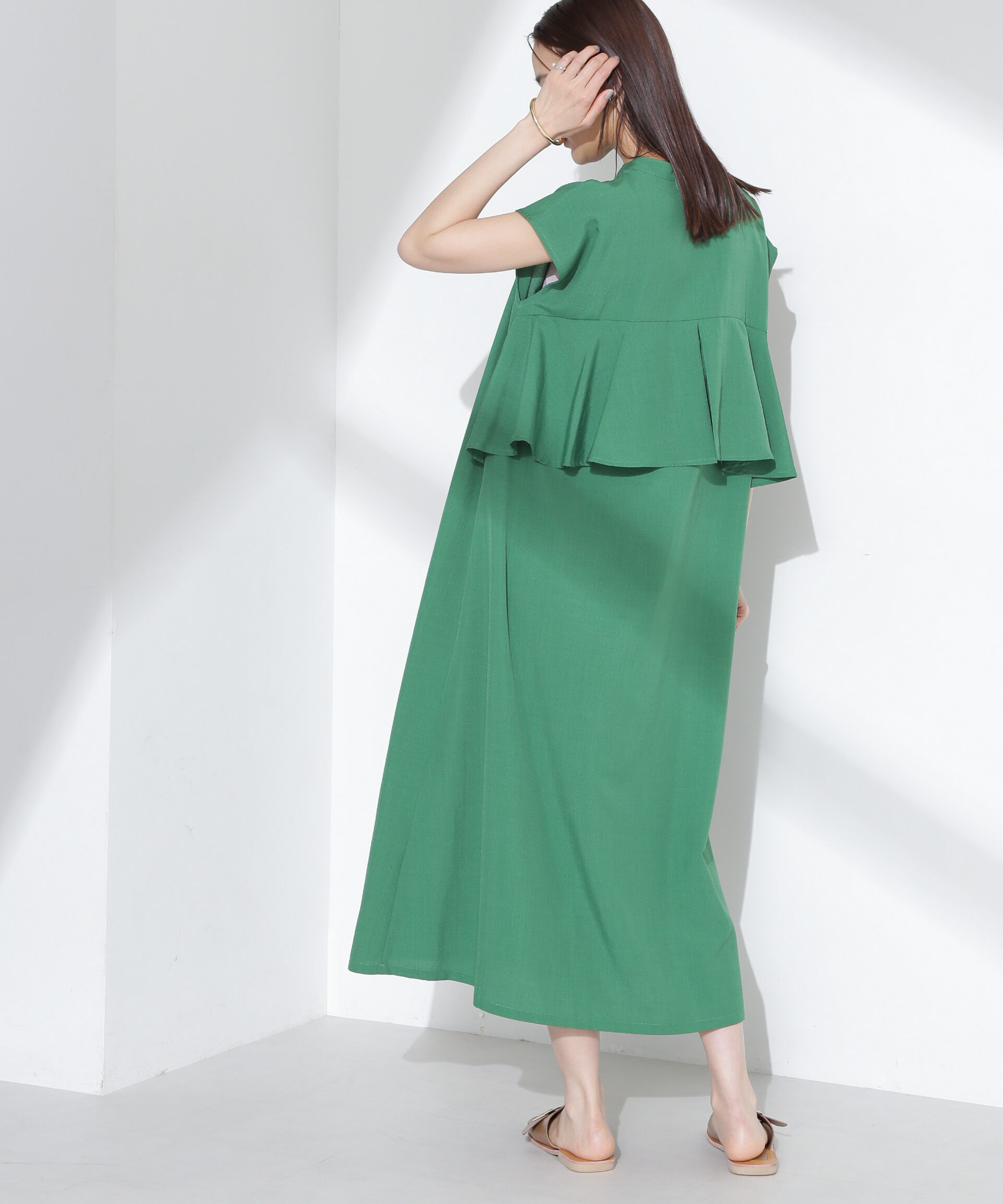 nano･universe「リネンタッチバックフレアスキッパーワンピース」|ワンピース|グリーン