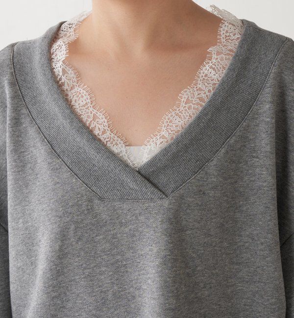  「【上品見え/小顔効果】レース付Vスウェット」|Tシャツ・カットソー|