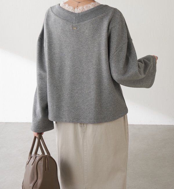  「【上品見え/小顔効果】レース付Vスウェット」|Tシャツ・カットソー|