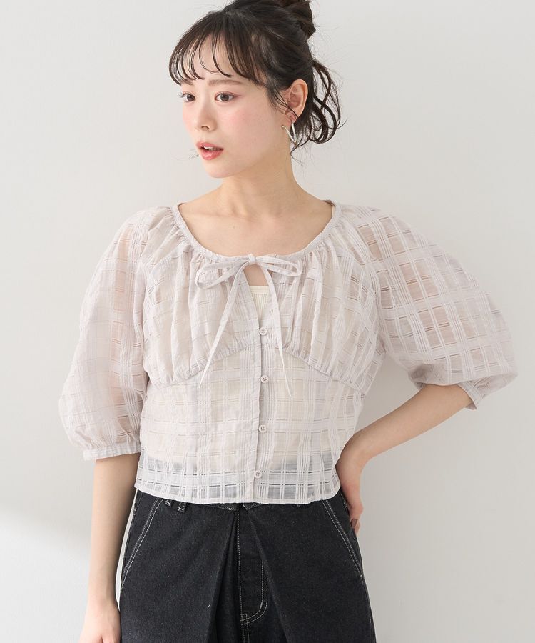 earth music&ecology「シアーチェックパフスリーブブラウス」|シャツ・ブラウス|Light Gray