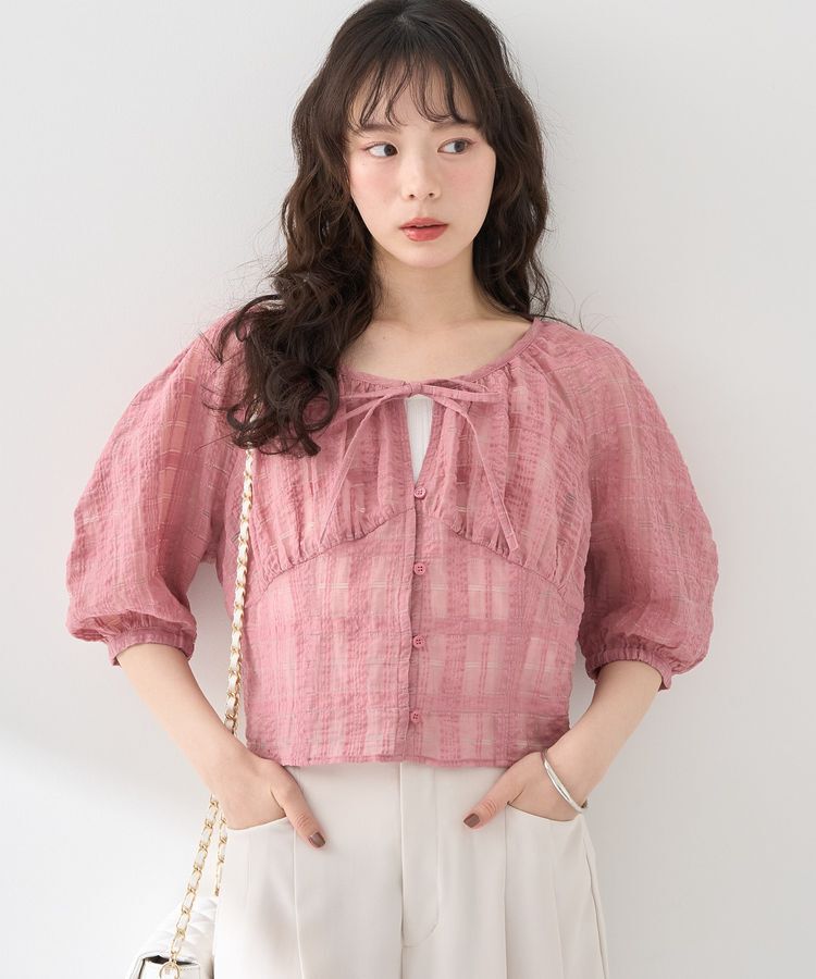 earth music&ecology「シアーチェックパフスリーブブラウス」|シャツ・ブラウス|Pink