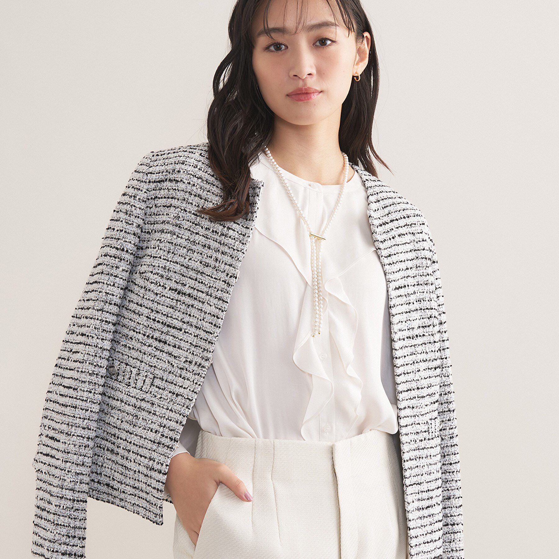 INDIVI「【セレモニー／洗える】ミックスツイードライトジャケット」|ノーカラージャケット|