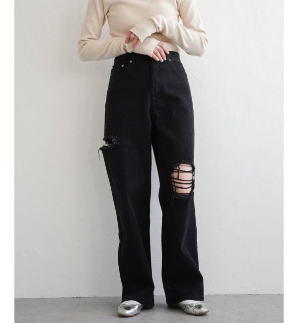 VENCE share style「ダメージワイドデニムパンツ」|デニム|ブラック