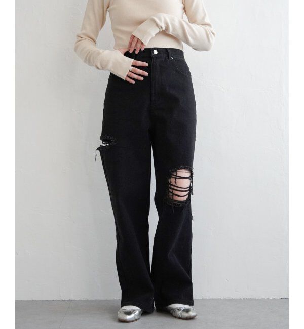 VENCE share style「ダメージワイドデニムパンツ」|デニム|