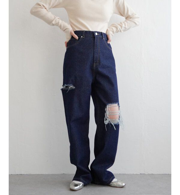 VENCE share style「ダメージワイドデニムパンツ」|デニム|