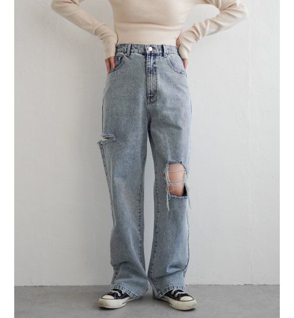 VENCE share style「ダメージワイドデニムパンツ」|デニム|