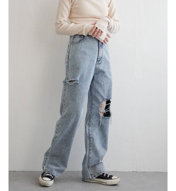 VENCE share style「ダメージワイドデニムパンツ」|デニム|