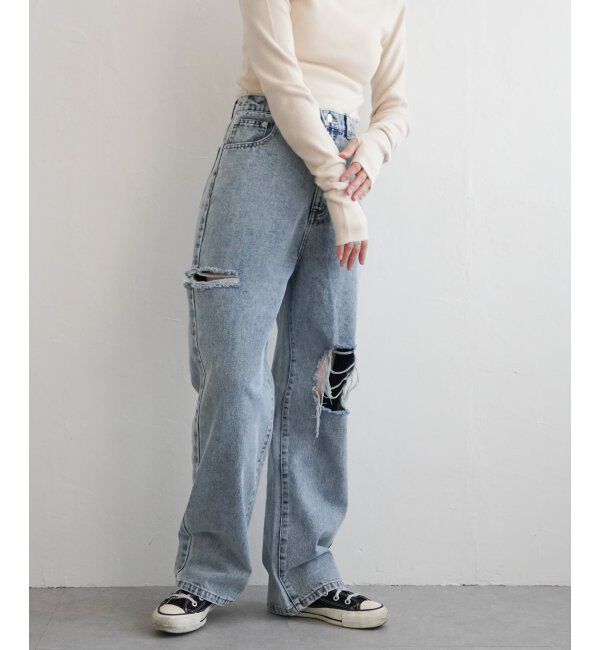 VENCE share style「ダメージワイドデニムパンツ」|デニム|
