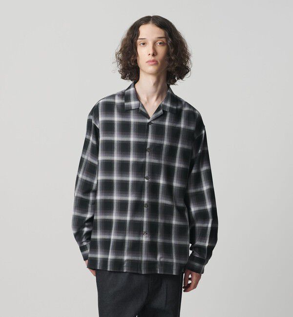 MONKEY TIME「コットン レーヨン オンブレ チェック オープンカラー シャツ」|シャツ・ブラウス|BLACK