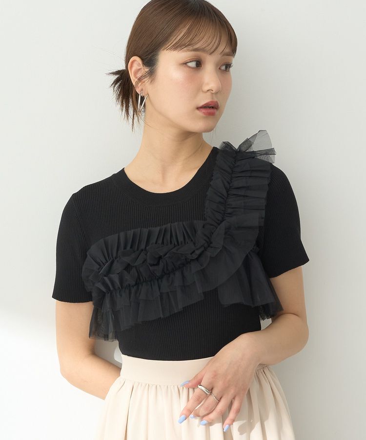 earth music&ecology「アシメチュールフリルニットプルオーバー」|ニット・セーター|Black