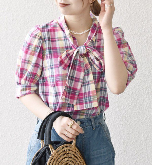 SHIPS any「SHIPS any:〈洗濯機可能〉マドラス チェック ボウタイ パフスリーブ ブラウス」|シャツ・ブラウス|