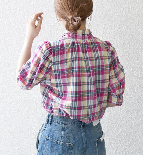 SHIPS any「SHIPS any:〈洗濯機可能〉マドラス チェック ボウタイ パフスリーブ ブラウス」|シャツ・ブラウス|