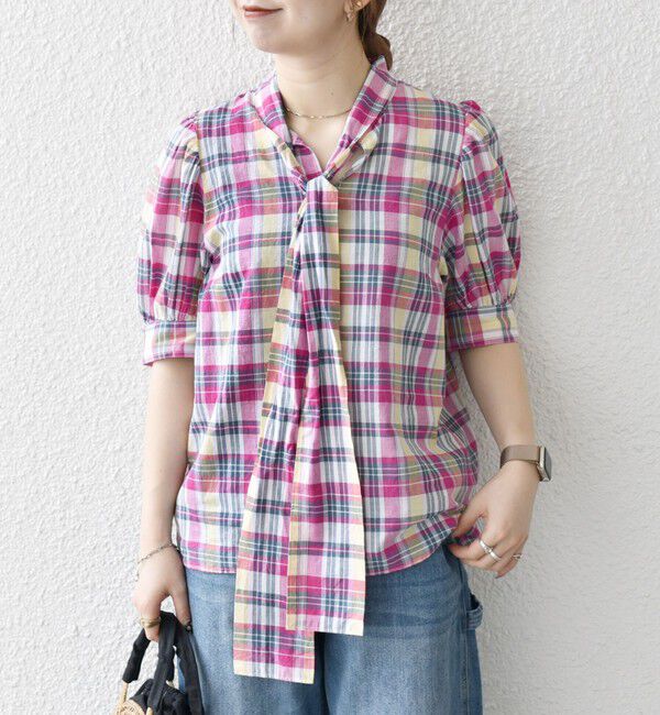 SHIPS any「SHIPS any:〈洗濯機可能〉マドラス チェック ボウタイ パフスリーブ ブラウス」|シャツ・ブラウス|