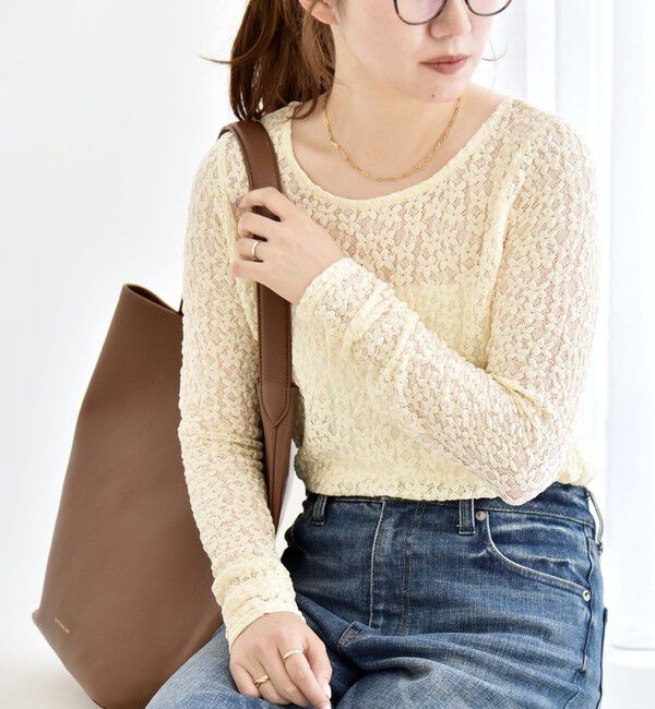 quaranciel「quaranciel:〈手洗い可能〉フラワー レース ストレッチ クルーネック プルオーバー」|Tシャツ・カットソー|