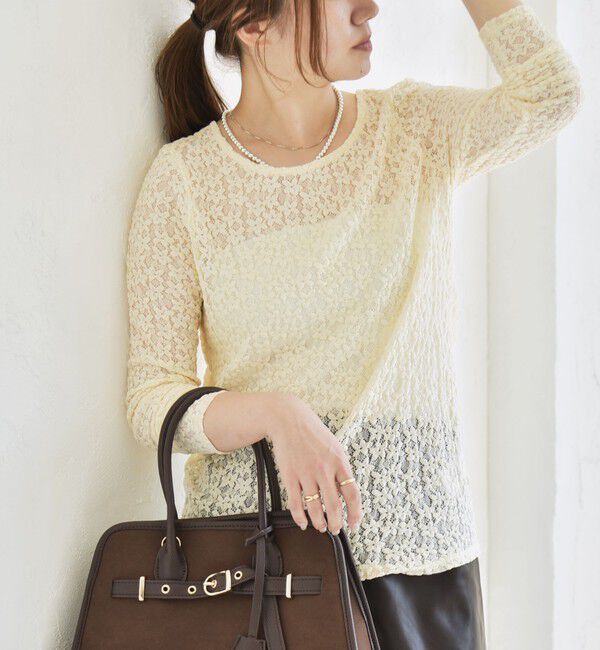 quaranciel「quaranciel:〈手洗い可能〉フラワー レース ストレッチ クルーネック プルオーバー」|Tシャツ・カットソー|