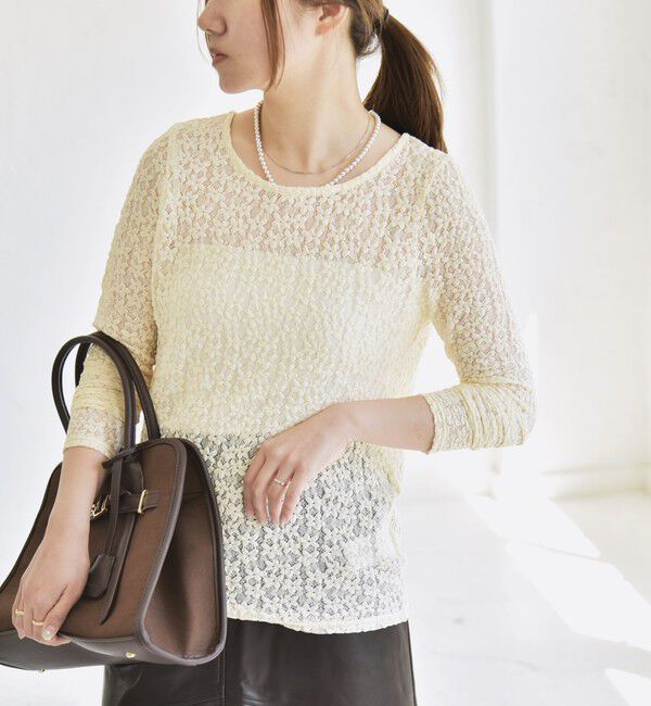 quaranciel「quaranciel:〈手洗い可能〉フラワー レース ストレッチ クルーネック プルオーバー」|Tシャツ・カットソー|