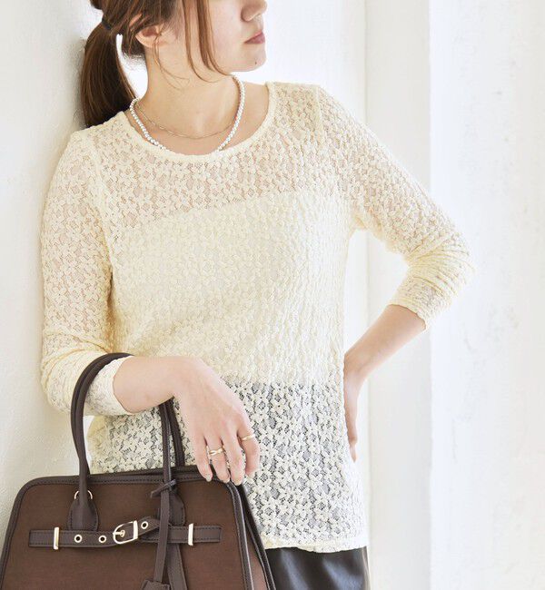 quaranciel「quaranciel:〈手洗い可能〉フラワー レース ストレッチ クルーネック プルオーバー」|Tシャツ・カットソー|