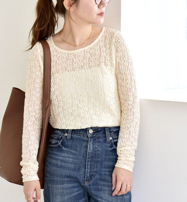 quaranciel「quaranciel:〈手洗い可能〉フラワー レース ストレッチ クルーネック プルオーバー」|Tシャツ・カットソー|