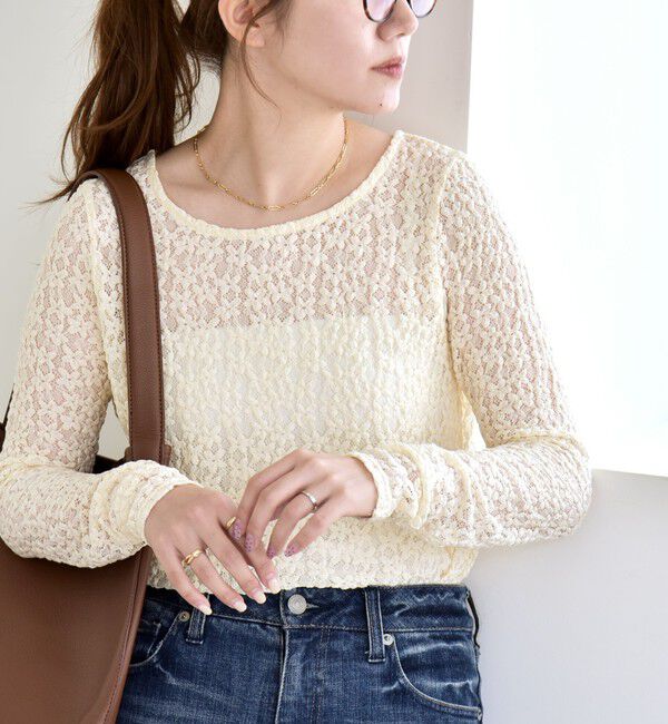 quaranciel「quaranciel:〈手洗い可能〉フラワー レース ストレッチ クルーネック プルオーバー」|Tシャツ・カットソー|