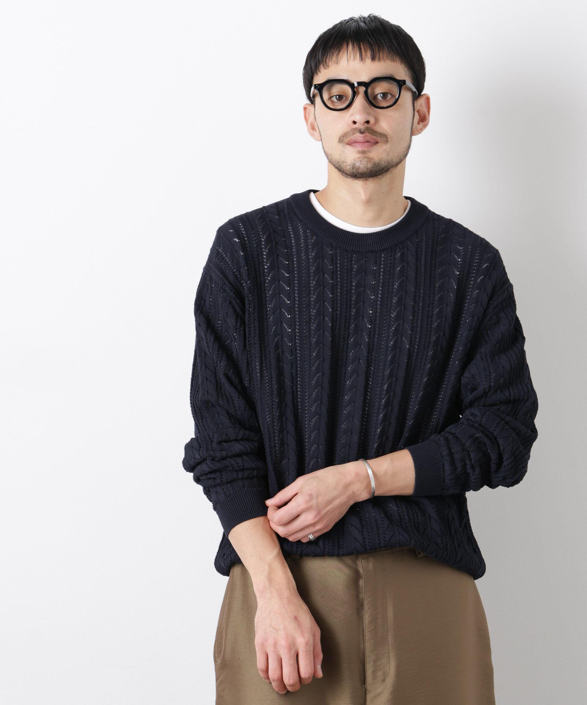 nano･universe「｢ASSEMBLANC｣コードヤーンシアーケーブルニット」|ニット・セーター|ネイビー