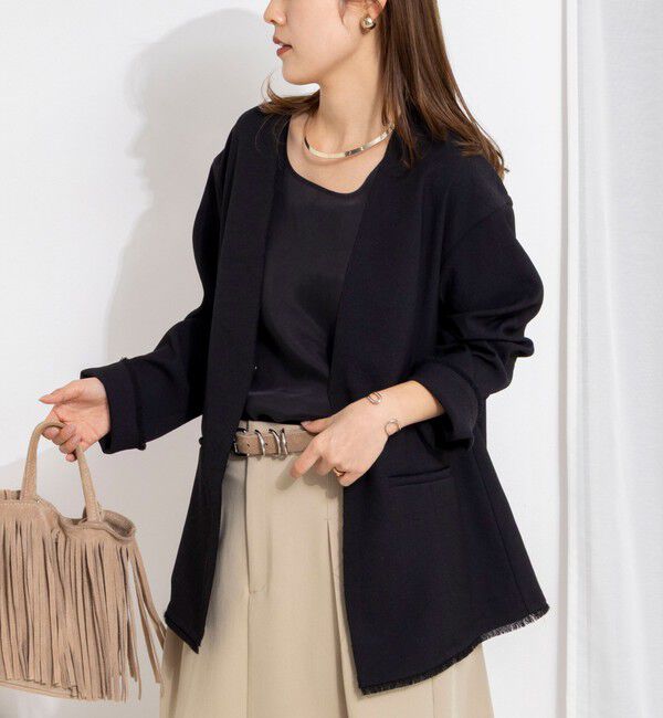 NOLLEY'S「ウォッシャブルFRINGE LIGHT JACKET」|ノーカラージャケット|ブラック