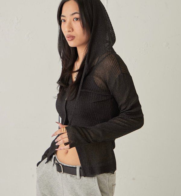  「シアーリブニットナローフーディ」|カーディガン|