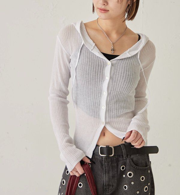  「シアーリブニットナローフーディ」|カーディガン|