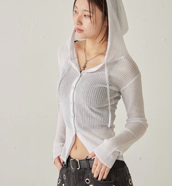  「シアーリブニットナローフーディ」|カーディガン|
