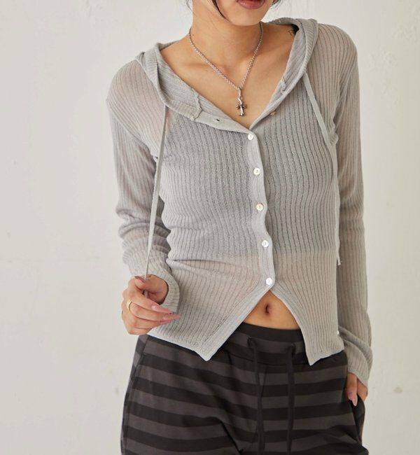  「シアーリブニットナローフーディ」|カーディガン|グレー
