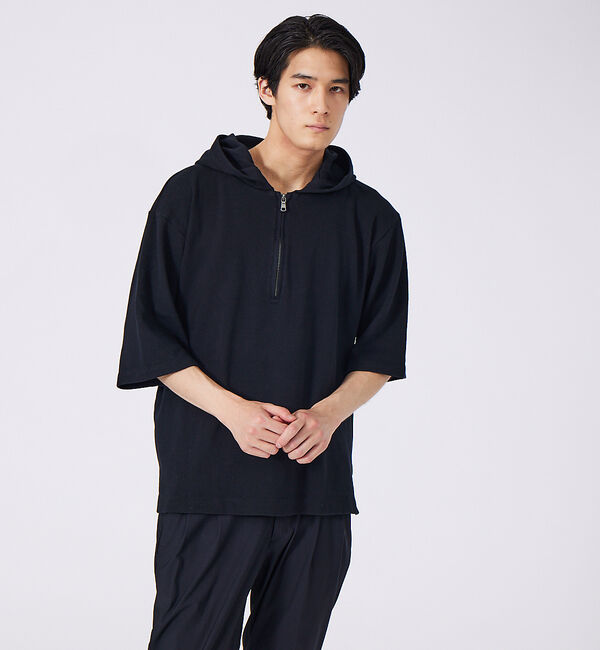 ABAHOUSE「ワッフル ハーフジップアップ 半袖パーカー」|パーカー|ブラック