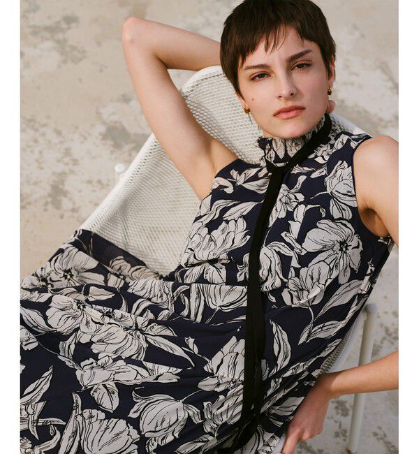 allureville「楊柳シアーフラワープリントワンピース」|ワンピース|ネイビー