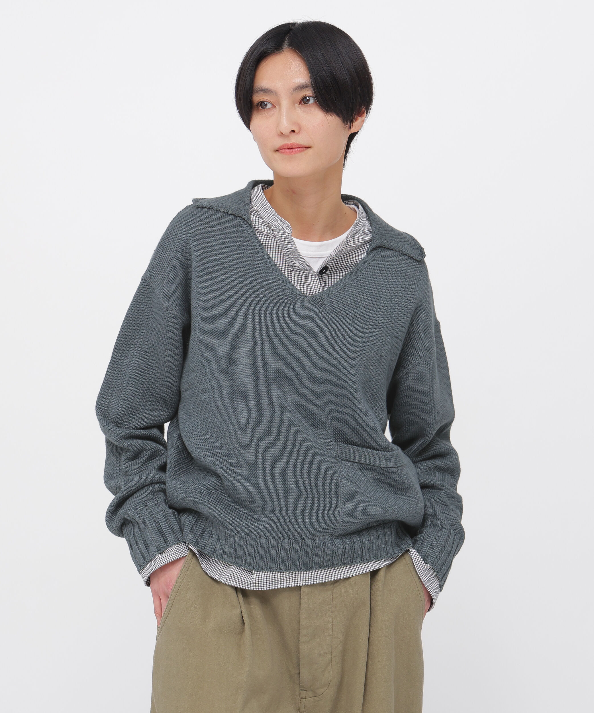 MHL.「CONTRAST COTTON LINEN KNITWEAR」|ニット・セーター|GREEN