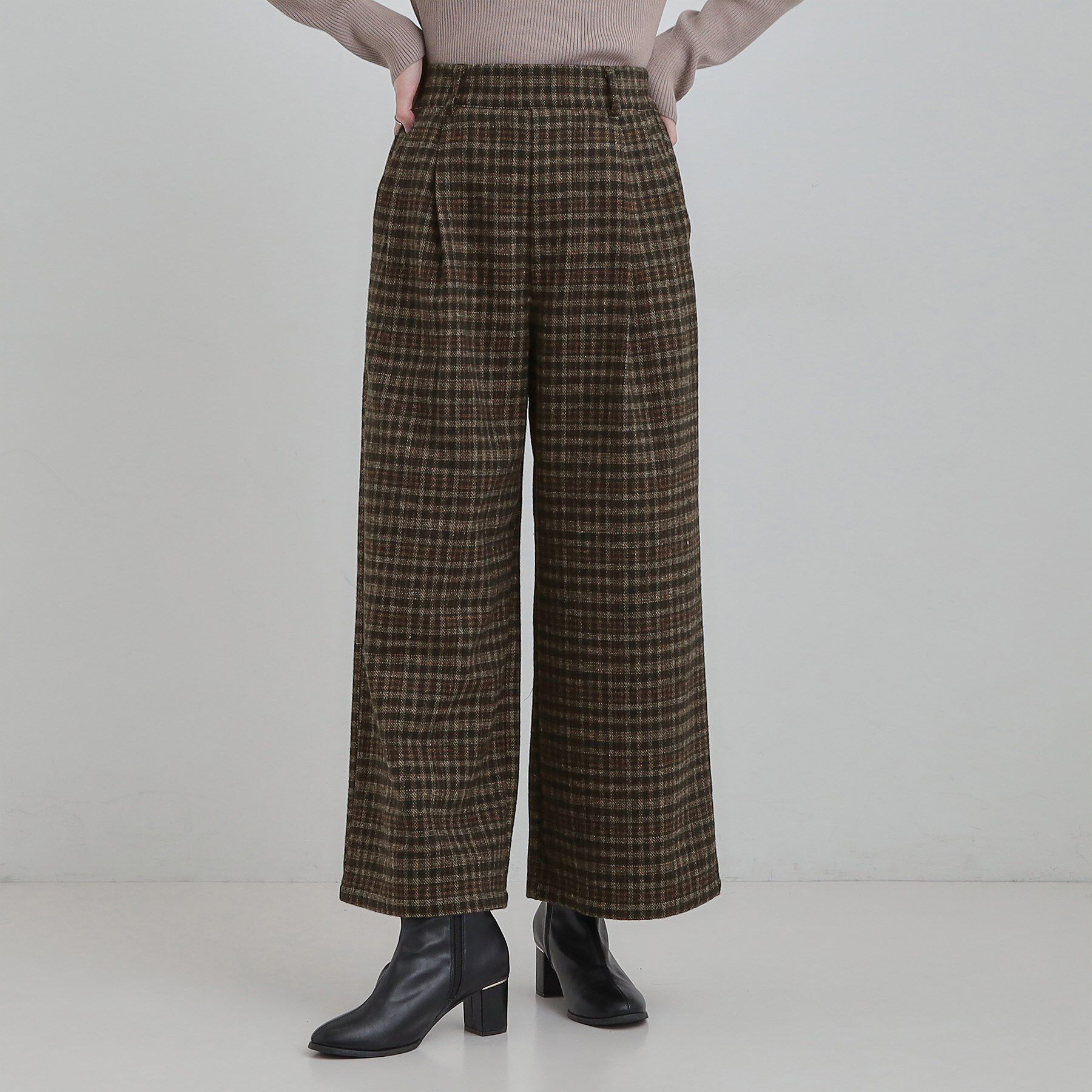 SHOO･LA･RUE「【あったか/S-LL】脚のラインをきれいに魅せる チェック柄ワイドパンツ」|その他|