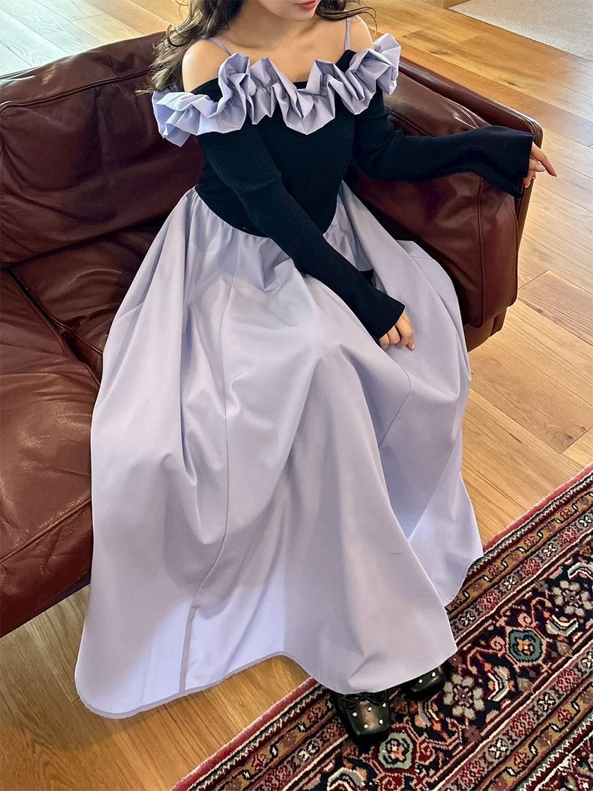 LILY BROWN「フリルカラーニットコンビワンピース」|ワンピース|