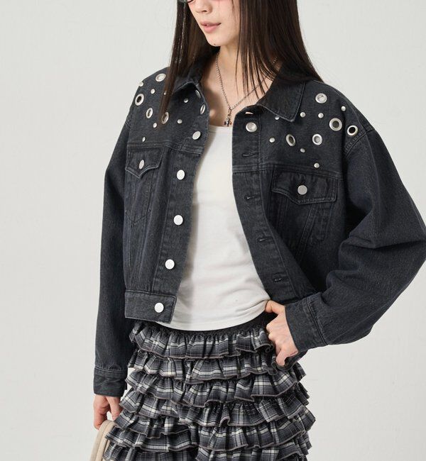  「【UNISEX/ユニセックス】アイレットデニムジャケット」|ブルゾン・スタジャン|ブラック