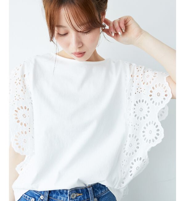  「《手洗い可能》スカラップレーススリーブカットソー」|Tシャツ・カットソー|オフ