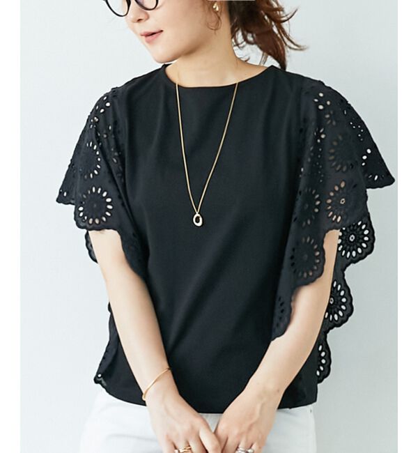  「《手洗い可能》スカラップレーススリーブカットソー」|Tシャツ・カットソー|