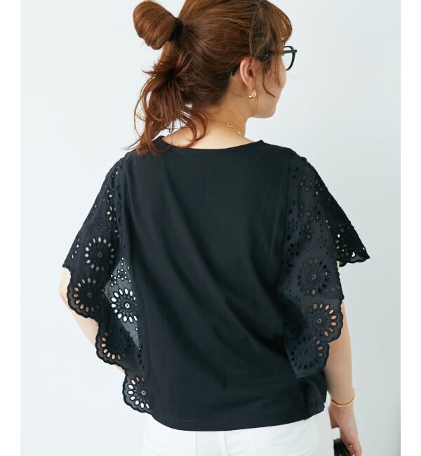  「《手洗い可能》スカラップレーススリーブカットソー」|Tシャツ・カットソー|